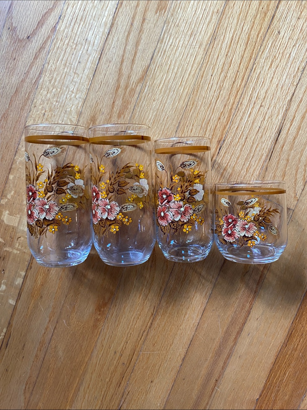 Vintage 1970’s Floral Brown Rim Glass Tumbler Set of 4 Drinkware